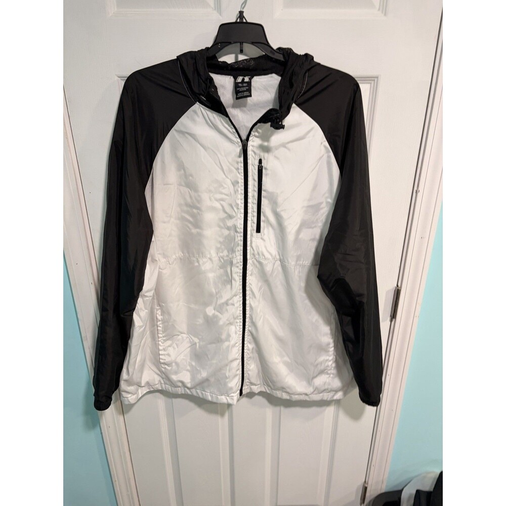 Russell Jacket Mens 3XL White Black Hooded Windbreaker Zip Pockets Mesh Lined